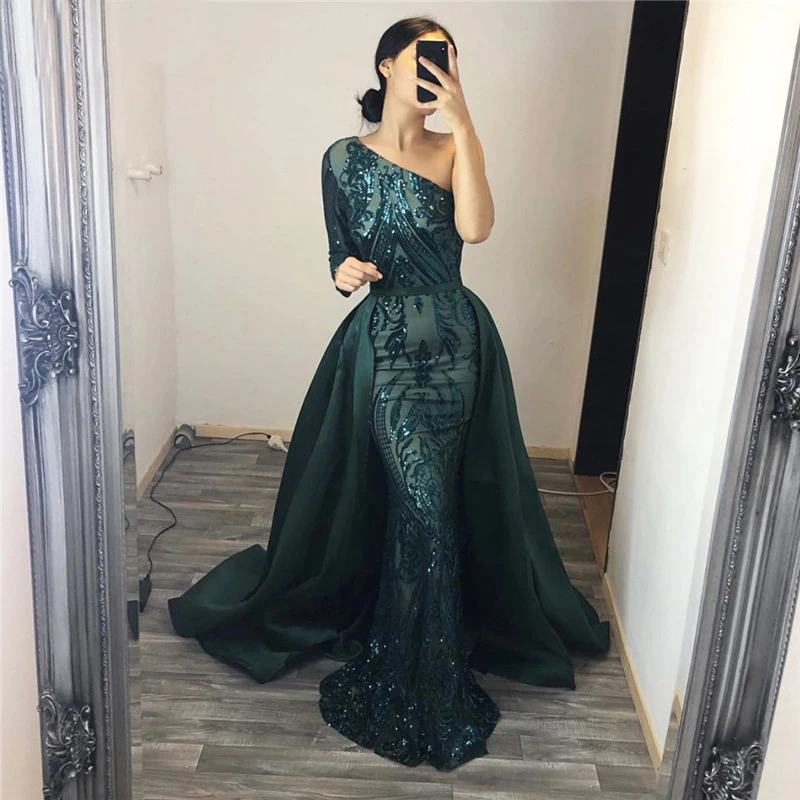 One Shoulder Green Sequined Maxi Dress Dresses